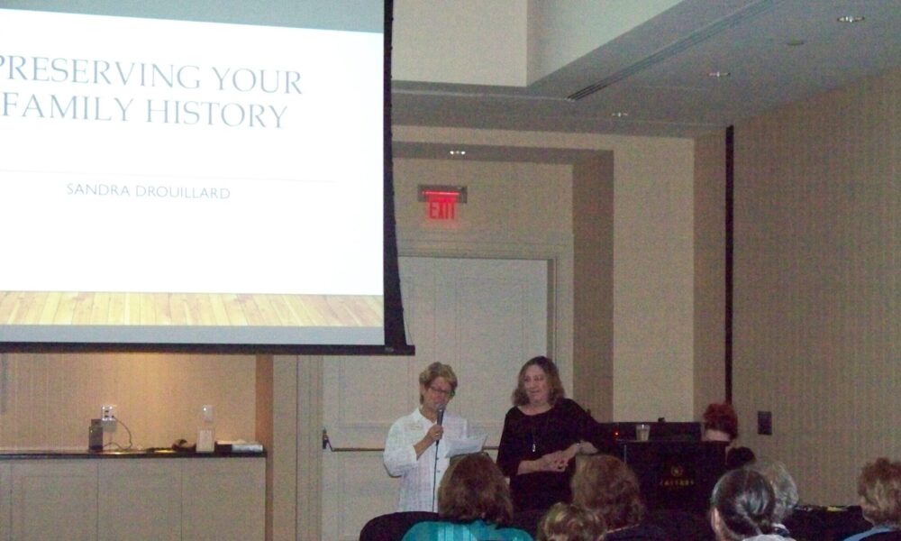 Irene Eberwein introducing Sandra Drouillard, the Bess Bardens speaker,
 who presented "Preserving Family Memories"