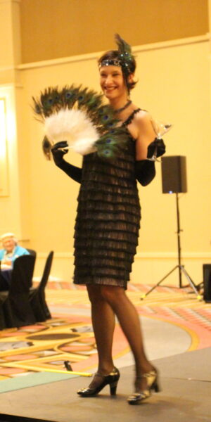 Mandy Mitroff wearing a flapper dress from the Prohibition era